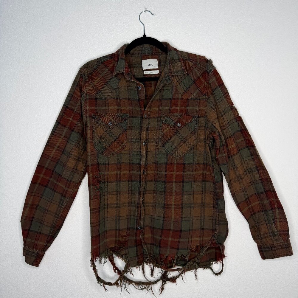 1975 Distressed Plaid Flannel Shirt — Men’s Medium — Brown / Olive / Rust